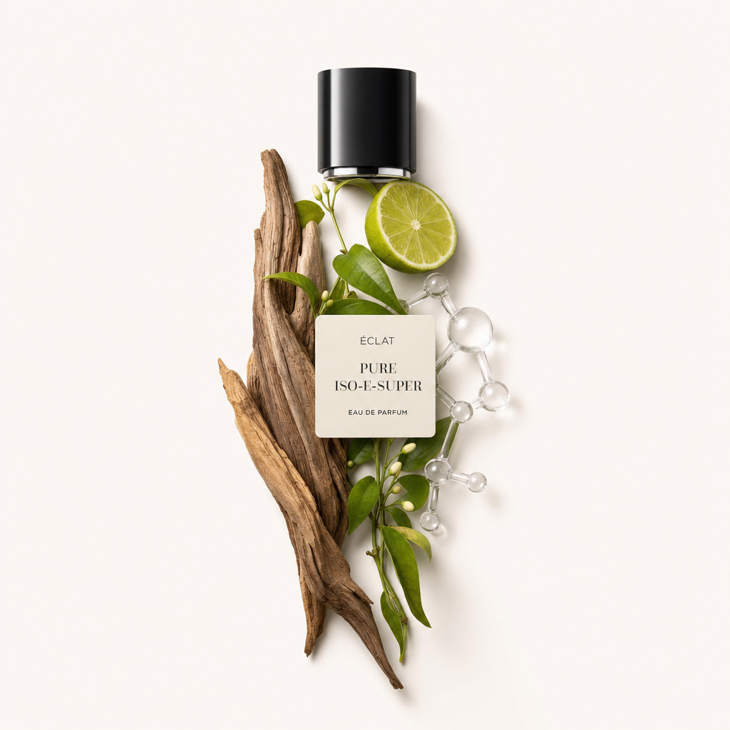 Un arrangement des ingrédients d'ÉCLAT Pure Iso-E-Super comprenant du bois flotté, du citron vert frais, des feuilles vertes et des sphères moléculaires transparentes, surmonté d'un capuchon noir et d'une étiquette.