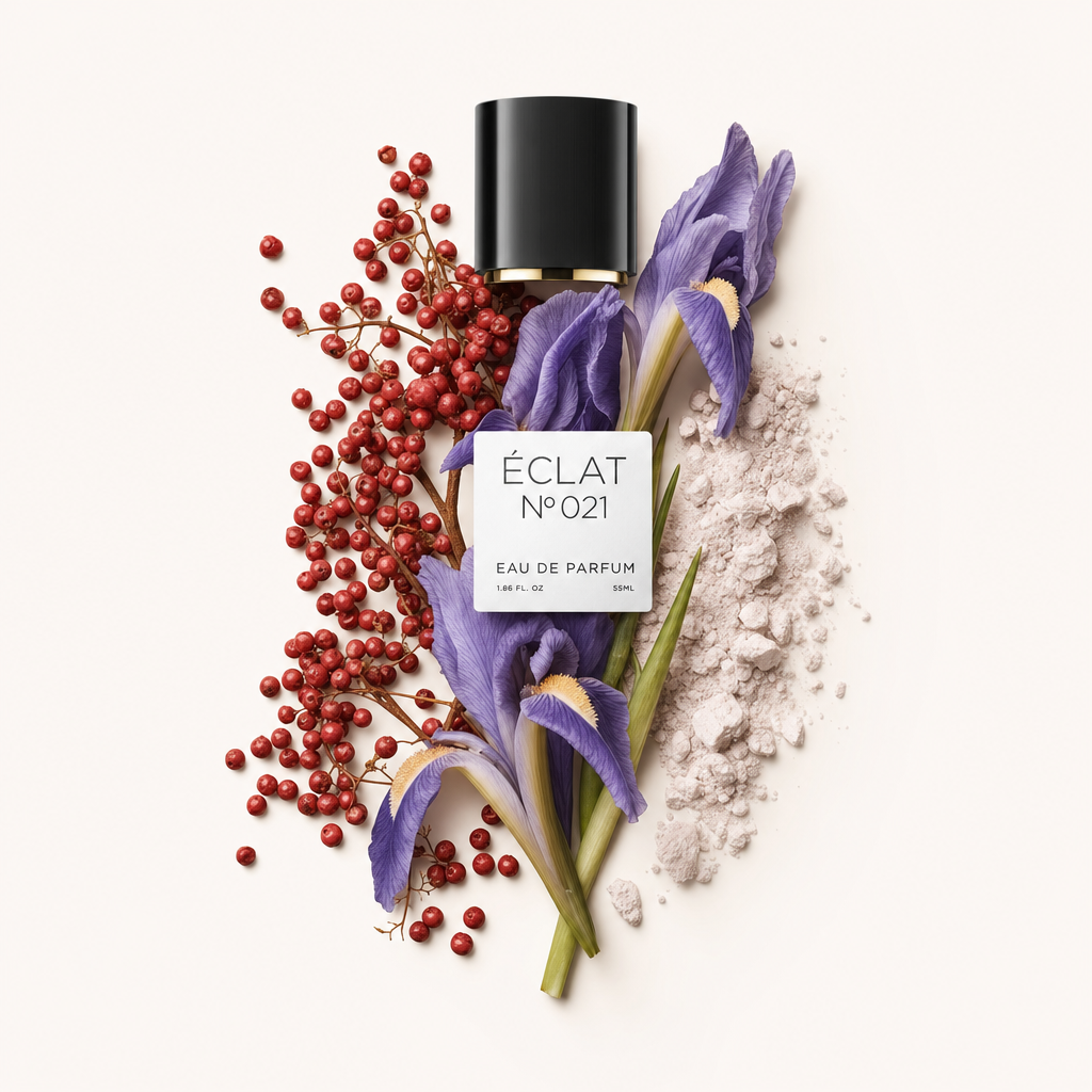 Um arranjo de flores roxas vibrantes, bagas de pimenta rosa e pó delicado com uma tampa preta exibindo o rótulo ÉCLAT Purple Flowers & Powder.