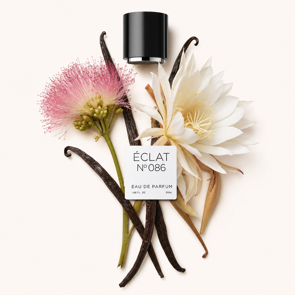 Un arrangement de fleurs blanches et roses avec des gousses de vanille entoure élégamment un capuchon noir étiqueté ÉCLAT Queen Of The Night & Vanilla.