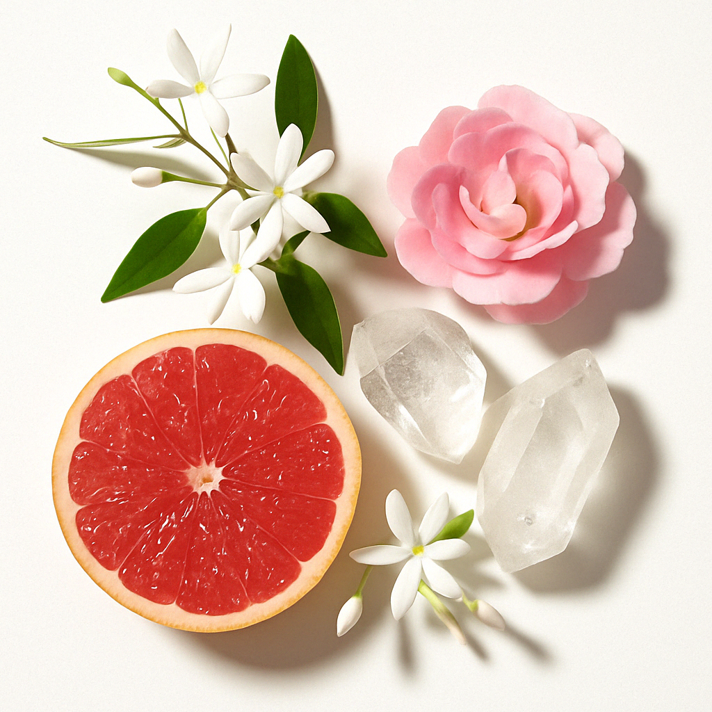 Egy fél grapefruit, fehér virágok, rózsaszín rózsa és áttetsző kristályok művészien elrendezve világos háttéren.
