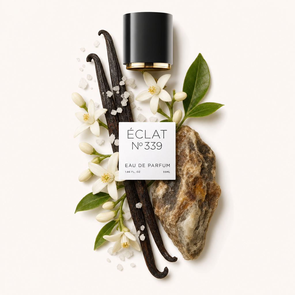 Un arrangement de gousses de vanille, fleurs de fleur d'oranger, feuilles vertes, pierre rugueuse et cristaux de sel marin entoure un bouchon noir avec une étiquette, représentant ÉCLAT Ambery Orange Blossom.