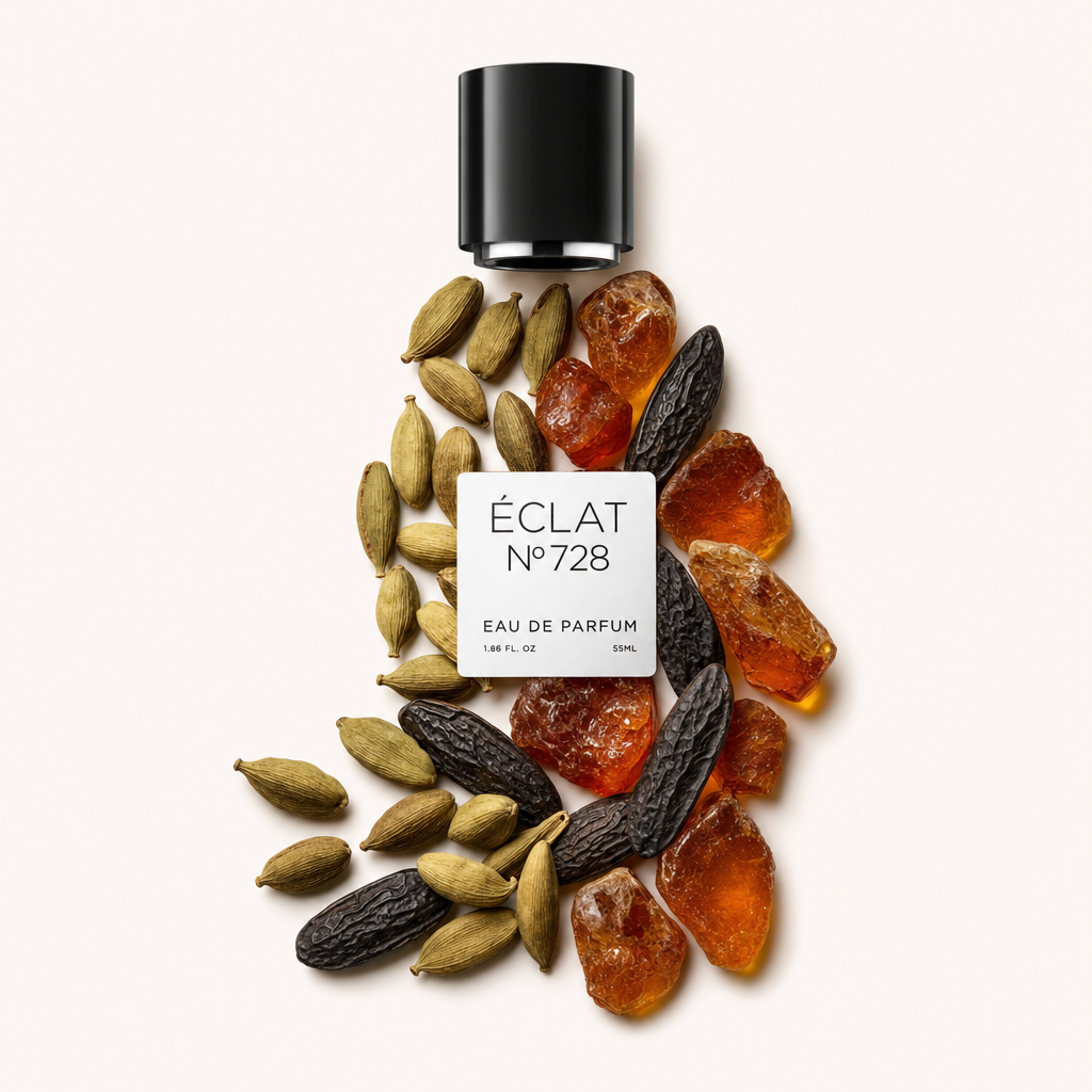 Un arrangement artistique de résine d'ambre, de fèves tonka et de cardamome entoure un capuchon noir avec une étiquette pour ÉCLAT Ambery Tonka Bean.