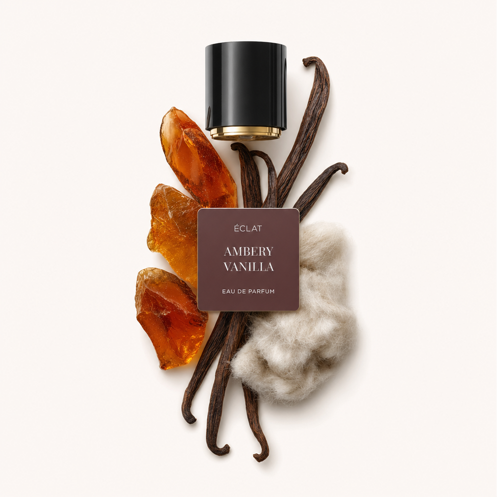 Un arrangement de résine d'ambre, de gousses de vanille et de cachemire doux entoure un capuchon noir avec une étiquette pour ÉCLAT Ambery Vanilla.
