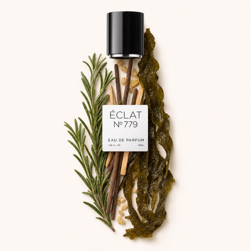 Une nature morte méticuleusement agencée de romarin, bâtons de santal, ambre et algues accompagne le capuchon noir d'ÉCLAT avec étiquette.