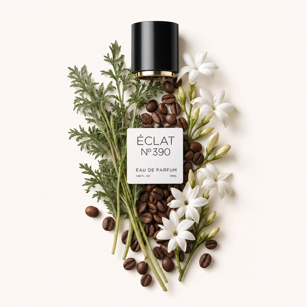 Un arrangement de feuilles d'absinthe, grains de café et fleurs de jasmin entoure un capuchon noir avec étiquette pour ÉCLAT Coffee & Absinthe.