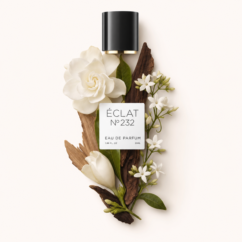 Un arrangement de fleurs de jasmin blanches et de tranches de bois sombre entoure un capuchon noir avec une étiquette pour ÉCLAT Dark Woods & Jasmine.