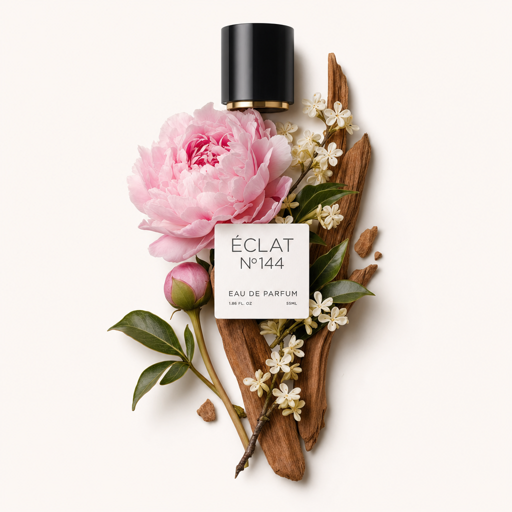 Un arrangement de pivoine rose, de fleurs d'osmanthus et d'accents boisés, accompagné du bouchon noir ÉCLAT avec étiquette.