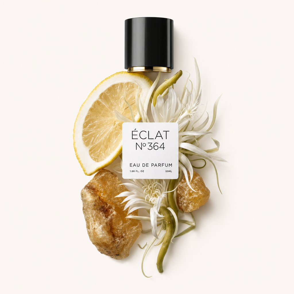 Un arrangement de tranches de citron, fleurs blanches et ambre entoure un capuchon noir avec une étiquette ÉCLAT.