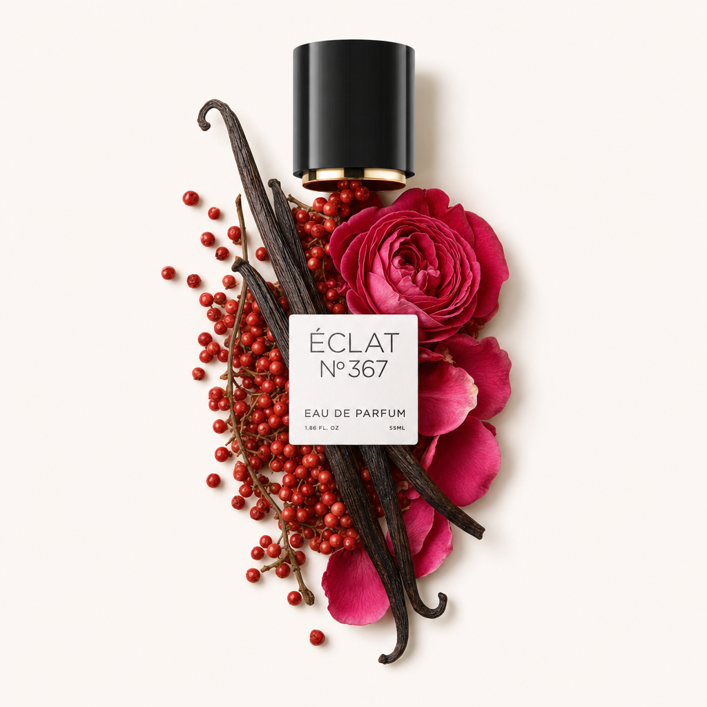 Un arrangement de baies rouges, pétales roses et gousses de vanille, surmonté d'un bouchon noir ÉCLAT avec étiquette.