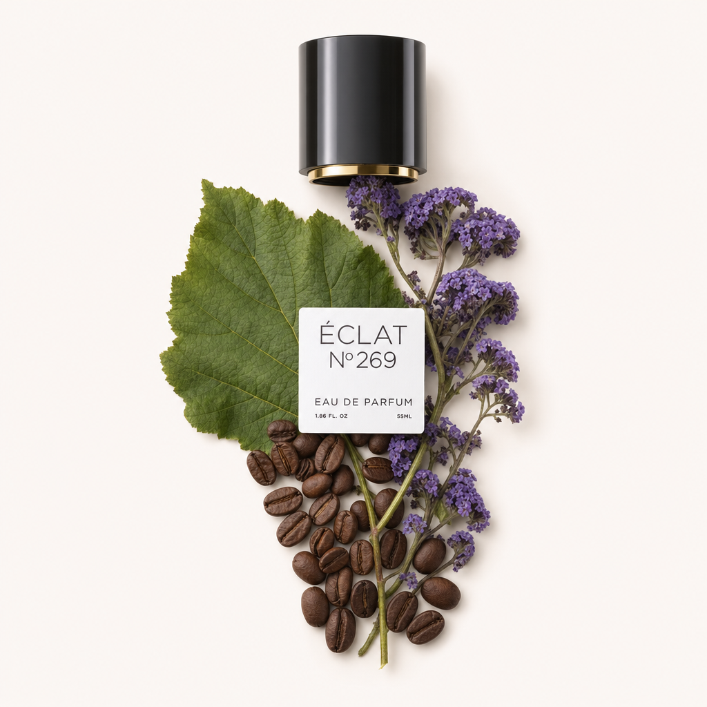 Un arrangement de grains de café, grandes feuilles vertes et fleurs de héliotrope violettes entoure un capuchon cylindrique noir avec une étiquette affichant ÉCLAT Heliotrope & Coffee.