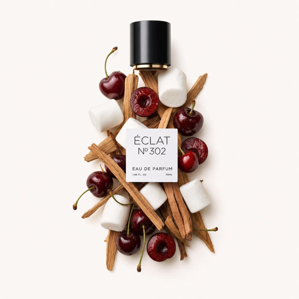 Guimauves et cerises soigneusement arrangées entourent un bouchon noir avec une étiquette ÉCLAT.