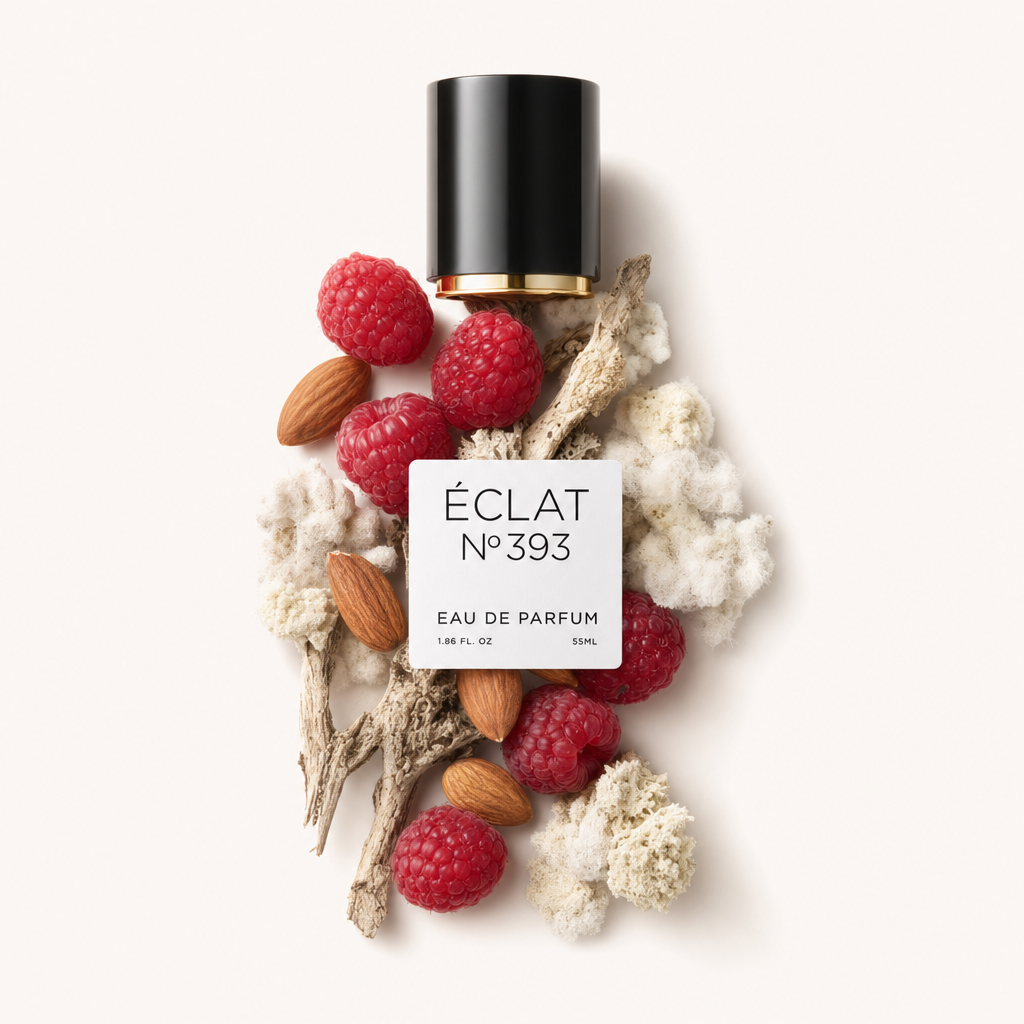 Un arrangement de framboises fraîches, d'amandes et de branches de bois naturel entoure un capuchon noir avec étiquette pour ÉCLAT Musky Raspberry.