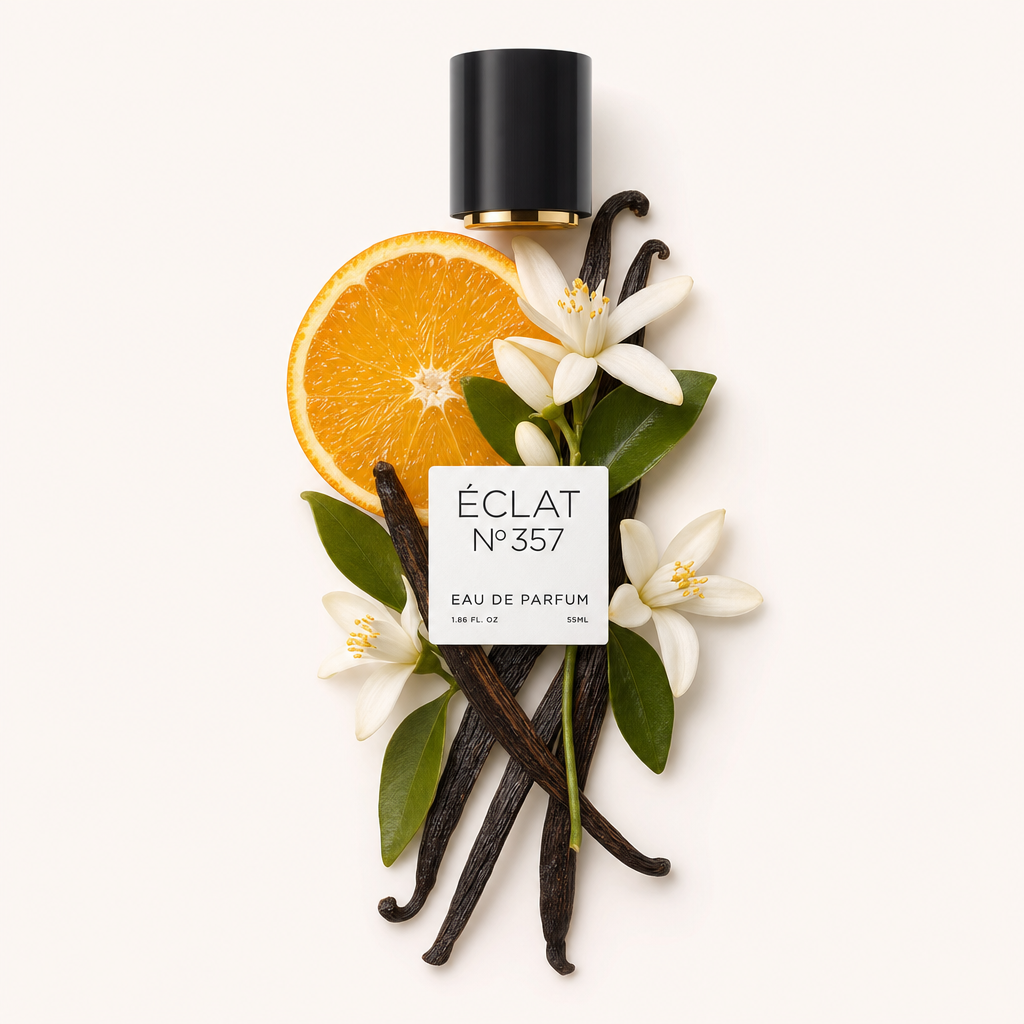 Un arrangement de tranches d'orange, de fleurs blanches, de feuilles vertes luisantes et de gousses de vanille, surmonté d'un capuchon noir avec étiquette ÉCLAT.