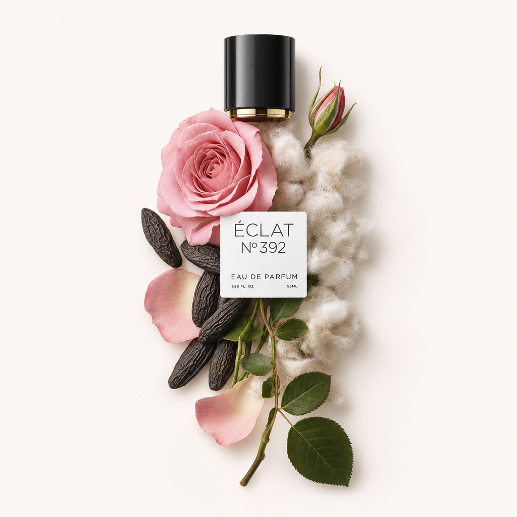 Une nature morte soigneusement arrangée de fèves tonka, rose rose, coton et pétales de rose entoure un capuchon noir avec une étiquette ÉCLAT.