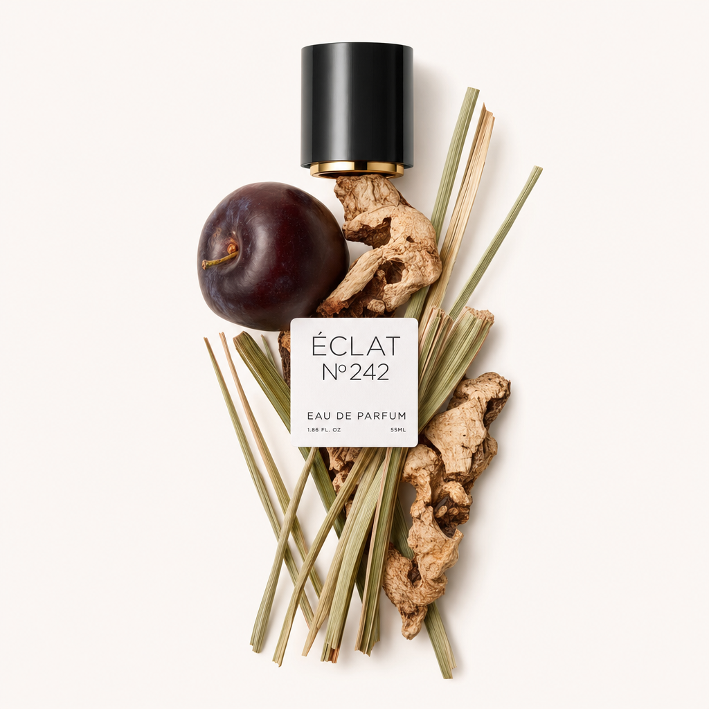 Un arrangement de morceaux de bois séchés, de tiges de citronnelle et d'une prune mûre présente les notes d'ÉCLAT Woody Plum. Au-dessus repose un capuchon noir avec une étiquette.