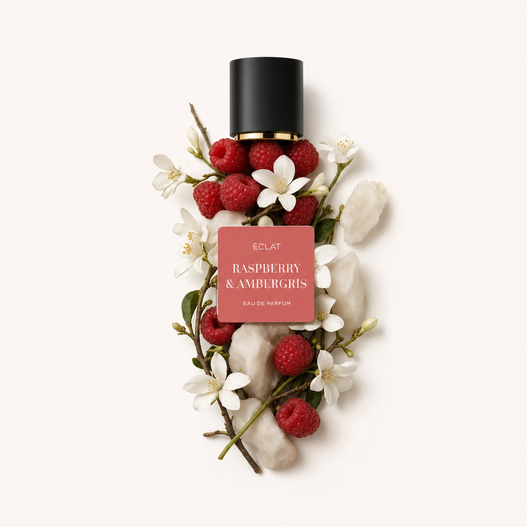 Des framboises, des fleurs blanches et des morceaux d'ambre gris sont artistiquement agencés autour d'un capuchon noir avec une étiquette affichant ÉCLAT Raspberry & Ambergris.