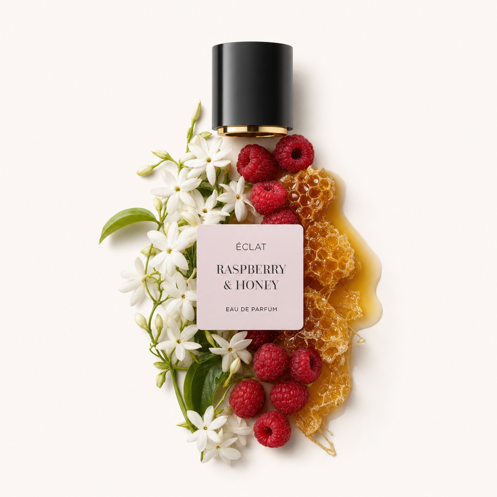 Un élégant arrangement de framboises fraîches, rayon de miel et fleurs de jasmin entoure un bouchon noir avec étiquette ÉCLAT Raspberry & Honey.