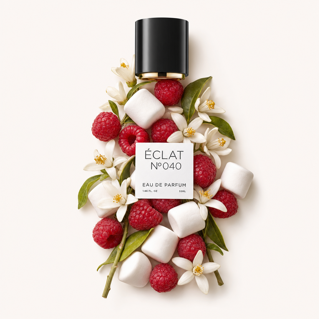 Fehér pillecukrok, friss málnák és finom fehér virágok kompozíciója veszi körül az ÉCLAT VIP Raspberry & Marshmallow címkével ellátott fekete kupakot.