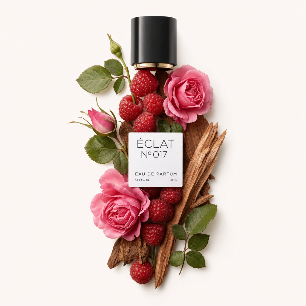An arrangement of fresh raspberries and pink roses interspersed with green leaves and wooden accents. At the top lies a black cap with a label for ÉCLAT Raspberry & Rose.