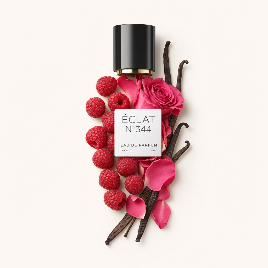 Une élégante composition de framboises, pétales de rose rose et gousses de vanille entoure un capuchon noir avec étiquette blanche de ÉCLAT Raspberry & Vanilla.