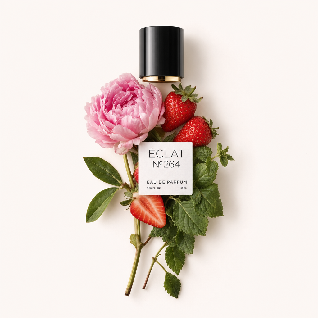 Un arrangement de fraises, de feuilles vertes et d'une seule pivoine rose autour d'un capuchon noir avec un accent doré, affichant l'étiquette pour ÉCLAT Red Berries & Patchouli.