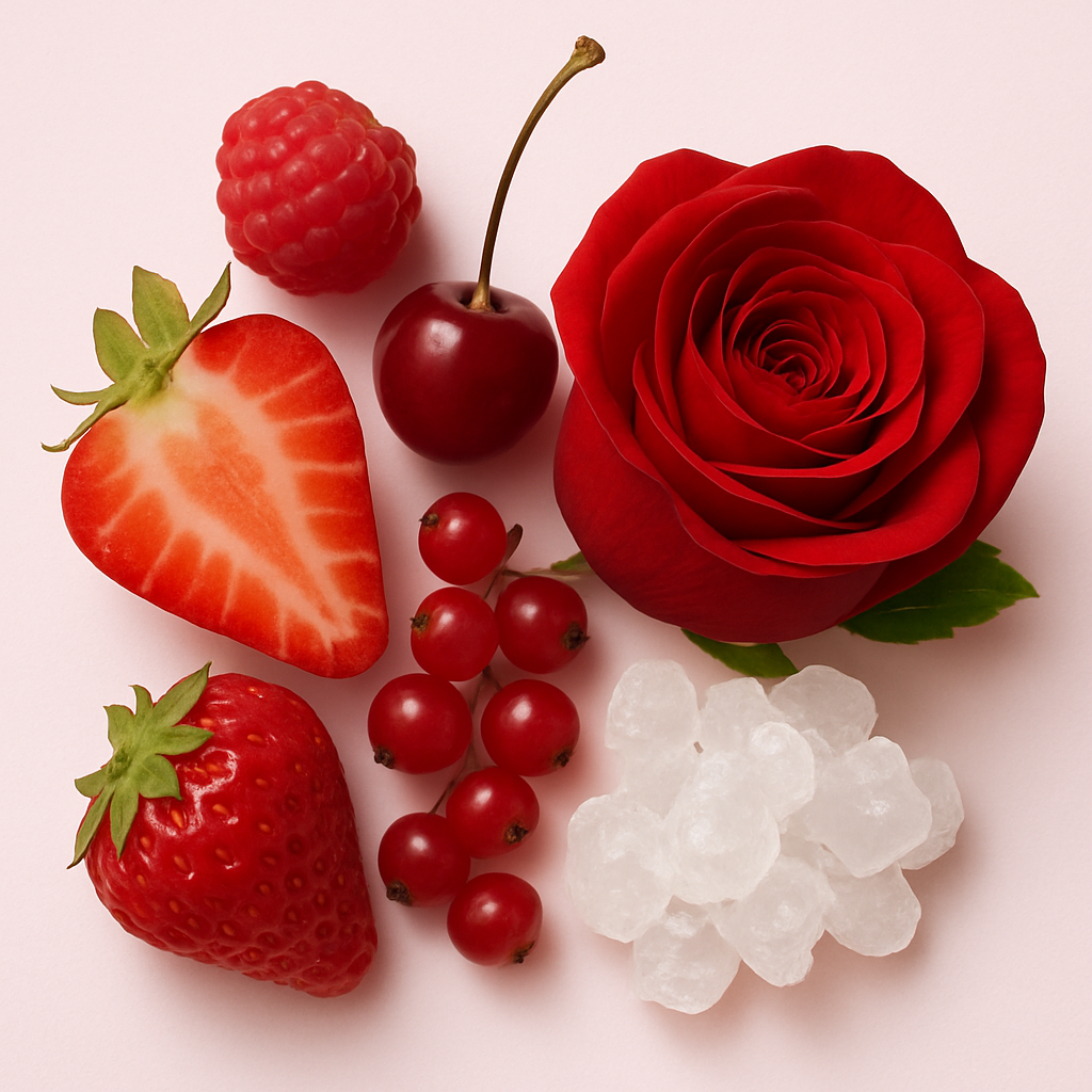 Una disposición de bayas rojas maduras, una fresa en rodajas, una frambuesa, una cereza, grosellas, una rosa roja y cristales de azúcar sobre un fondo claro.