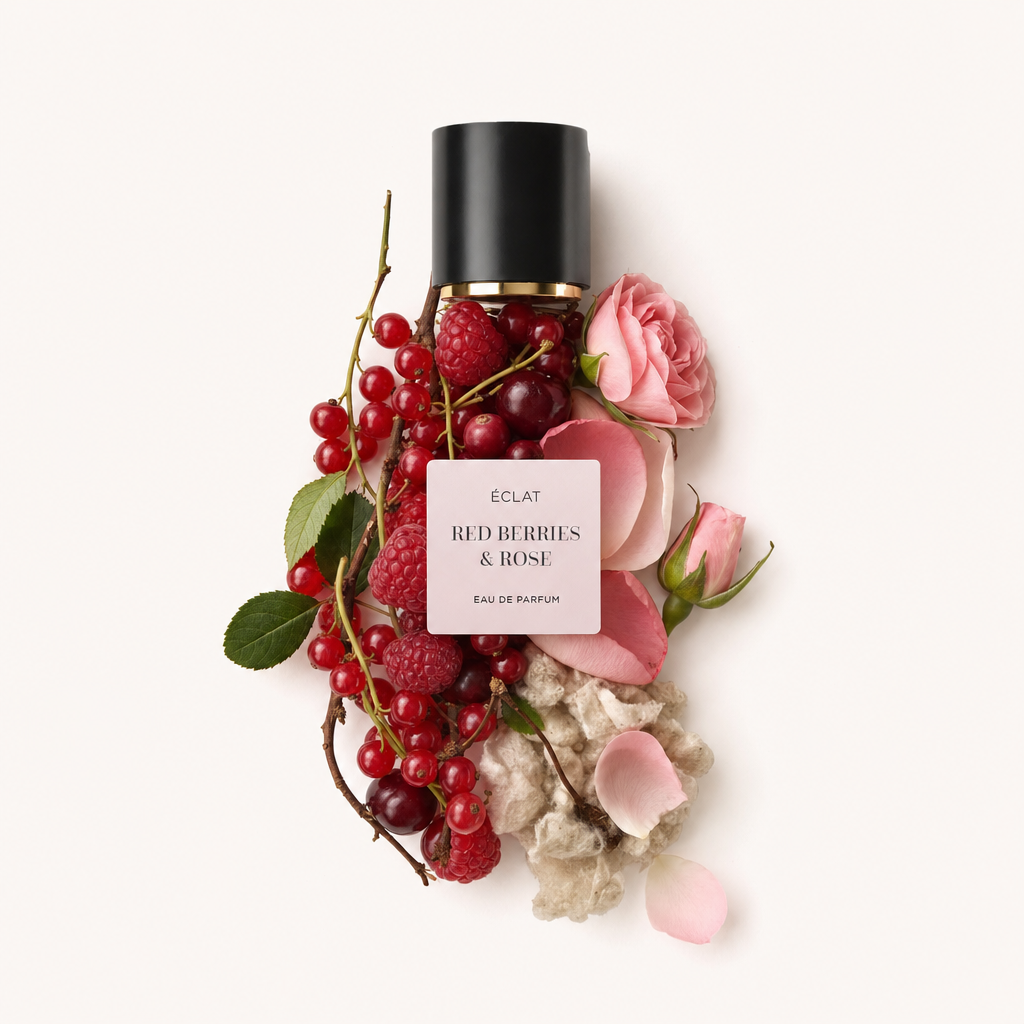 Un arrangement de baies rouges, framboises et roses roses entoure un bouchon noir avec étiquette ÉCLAT Red Berries & Rose.