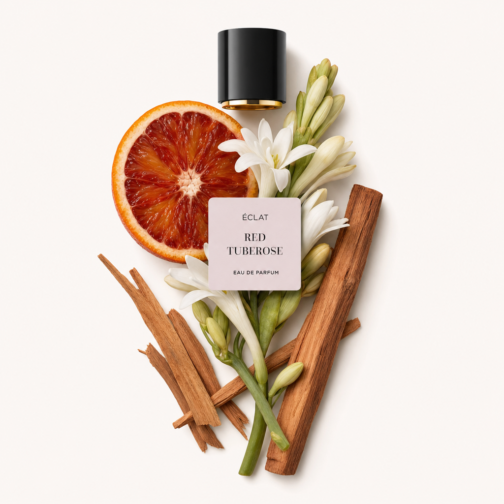 Un arrangement des ingrédients ÉCLAT Red Tuberose avec des bâtons de cannelle, des fleurs blanches de tubéreuse, et une tranche d'orange sanguine, à côté d'un bouchon noir avec étiquette.