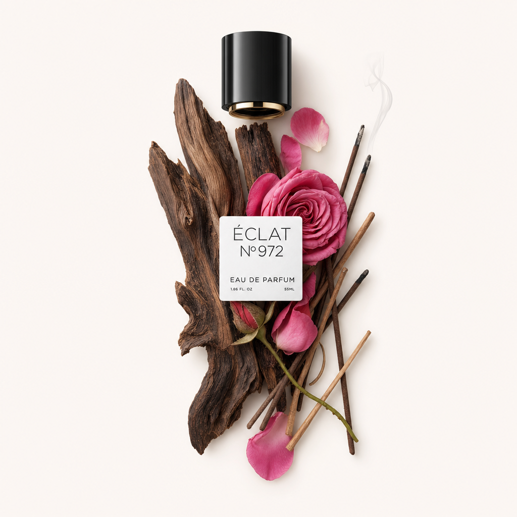 An artful arrangement featuring a piece of oud wood, pink rose petals, and incense sticks, with a black cap displaying the ÉCLAT Resinous Oud label.