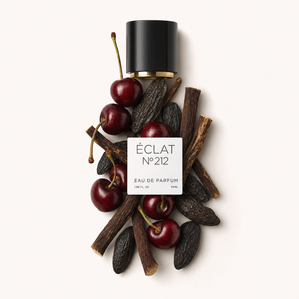 Un arrangement de cerises fraîches et de gousses de vanille entoure un capuchon noir avec une touche dorée, portant l'étiquette ÉCLAT Rose & Cherry.