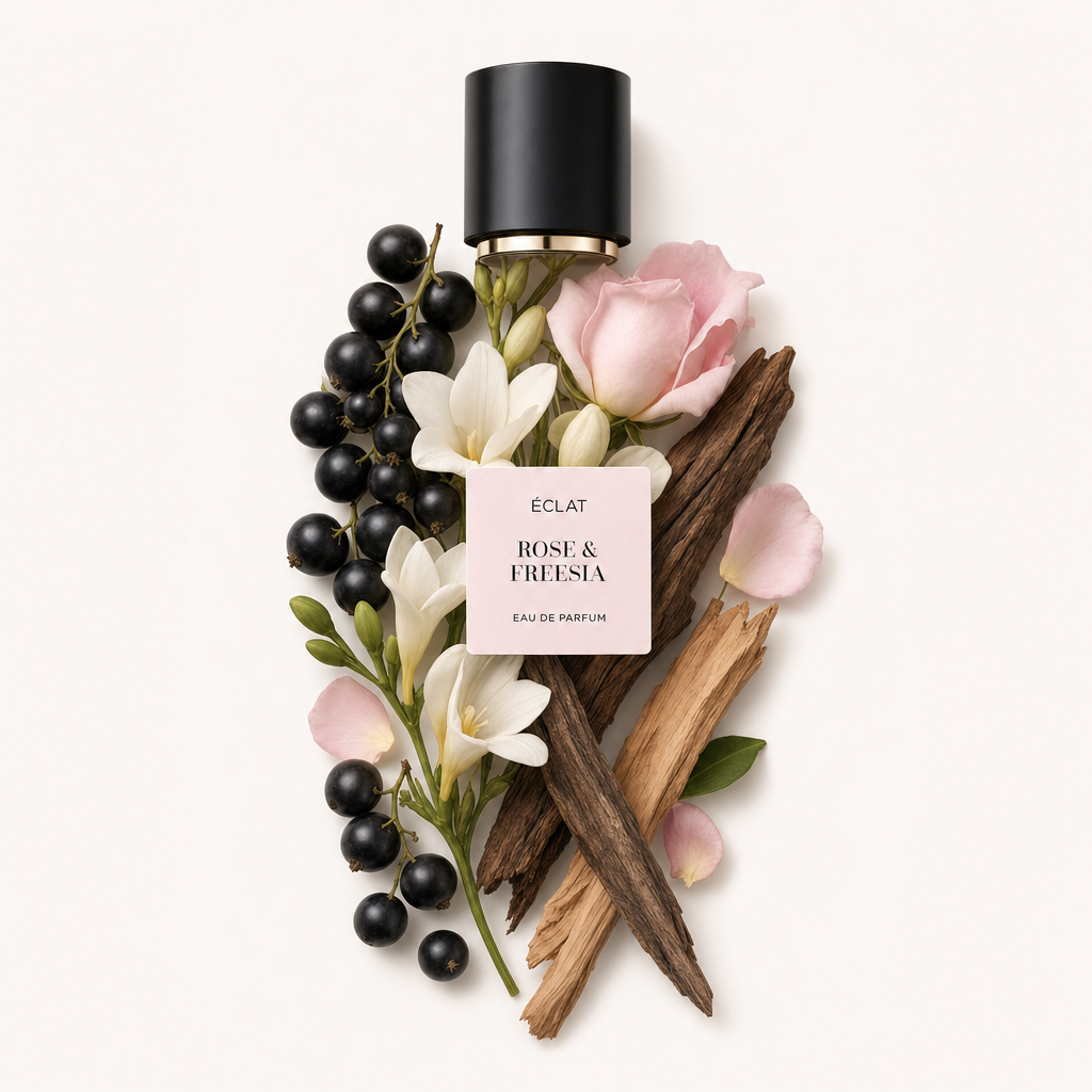 An arrangement of fresh rose, freesia, blackcurrants, and woody notes surrounds a black cap with a labeled tag reading ÉCLAT Rose & Freesia.