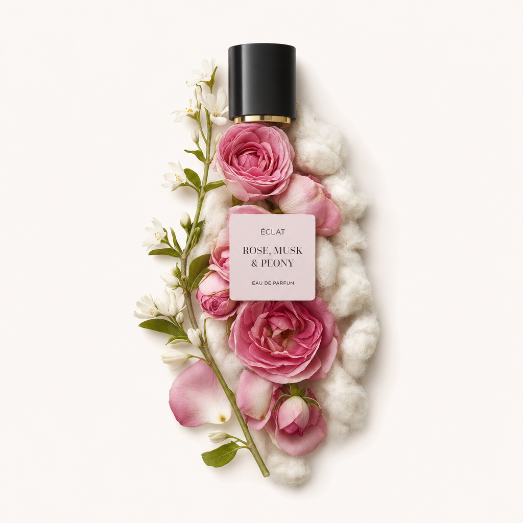 Un arrangement de roses roses, de fleurs blanches et de coton doux entoure un capuchon noir à bande dorée. L'étiquette indique ÉCLAT Rose, Musk & Peony.