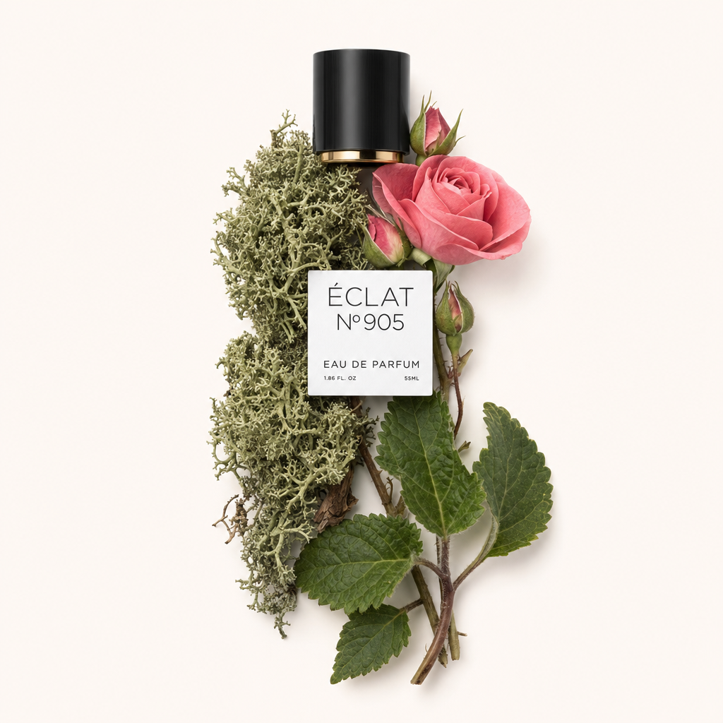 An arrangement of lush green oakmoss, a delicate pink rose, and verdant leaves accompanies a black cap with a gold accent, labeled ÉCLAT 905 VIP.