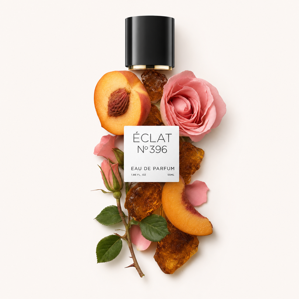 Une composition avec une rose rose, des tranches de pêche et des pierres d'ambre autour d'un bouchon noir avec une étiquette ÉCLAT Rose & Peach.