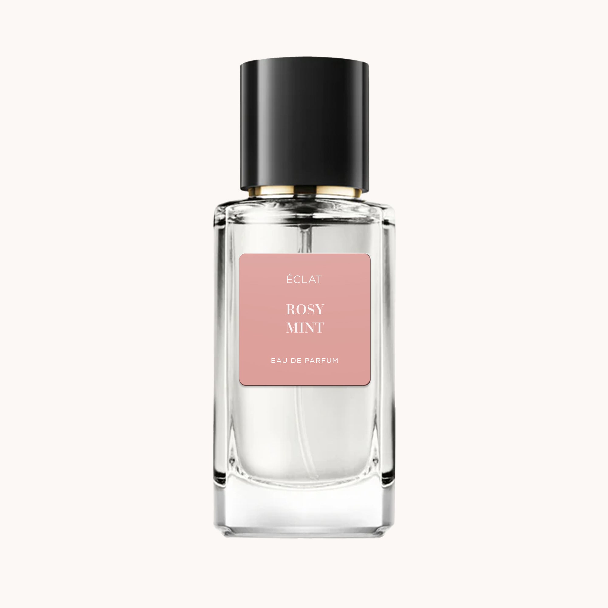 ÉCLAT Rosy Mint presented in a clear glass bottle with a black cap and a pink label.