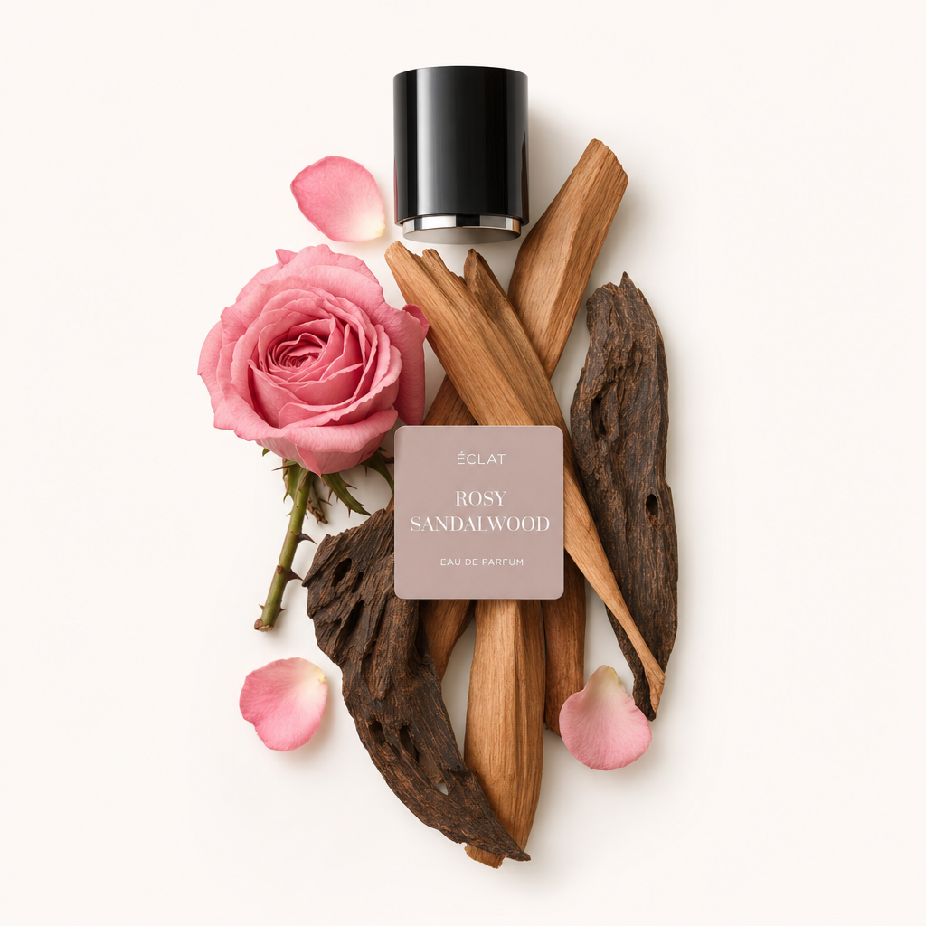 Un arrangement de rose rose, de bois de santal et de pièces de bois sombre, avec des pétales roses, entoure un bouchon noir avec une étiquette pour ÉCLAT Rosy Sandalwood.