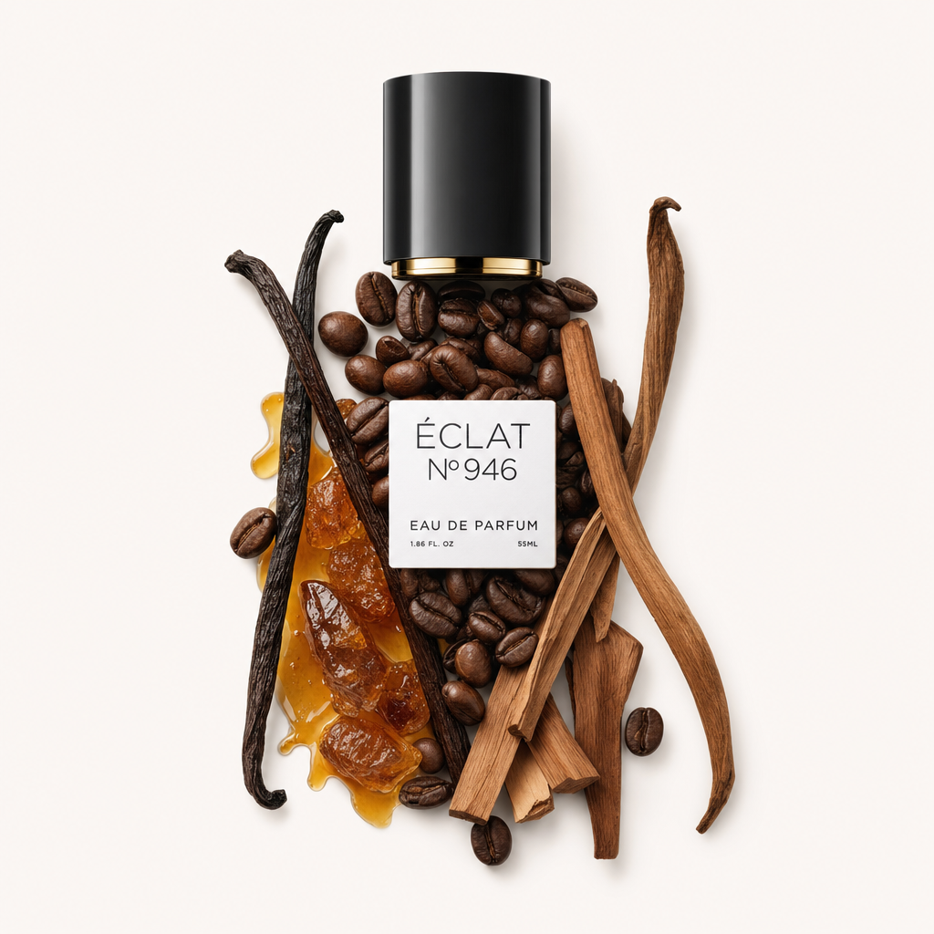 Un arrangement de gousses de vanille, grains de café, caramel et copeaux de bois entoure un bouchon noir avec étiquette ÉCLAT.