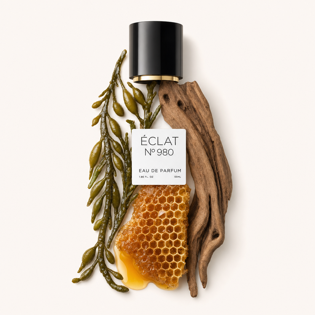 An arrangement of seaweed, honeycomb, and driftwood surrounds a black cap with a label for ÉCLAT Salty Honey & Woods.