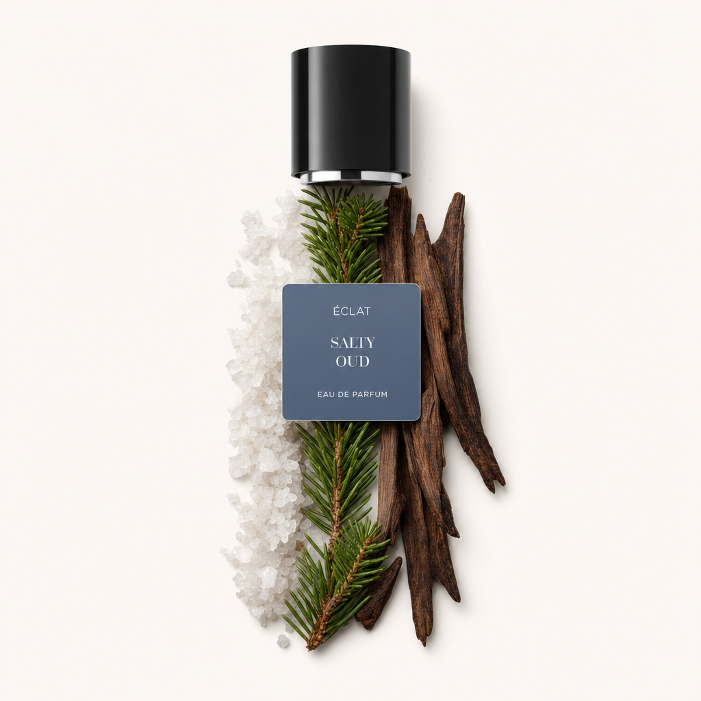 An arrangement of coarse salt crystals, evergreen sprigs, and dark wood pieces next to a black cap with ÉCLAT Salty Oud label.