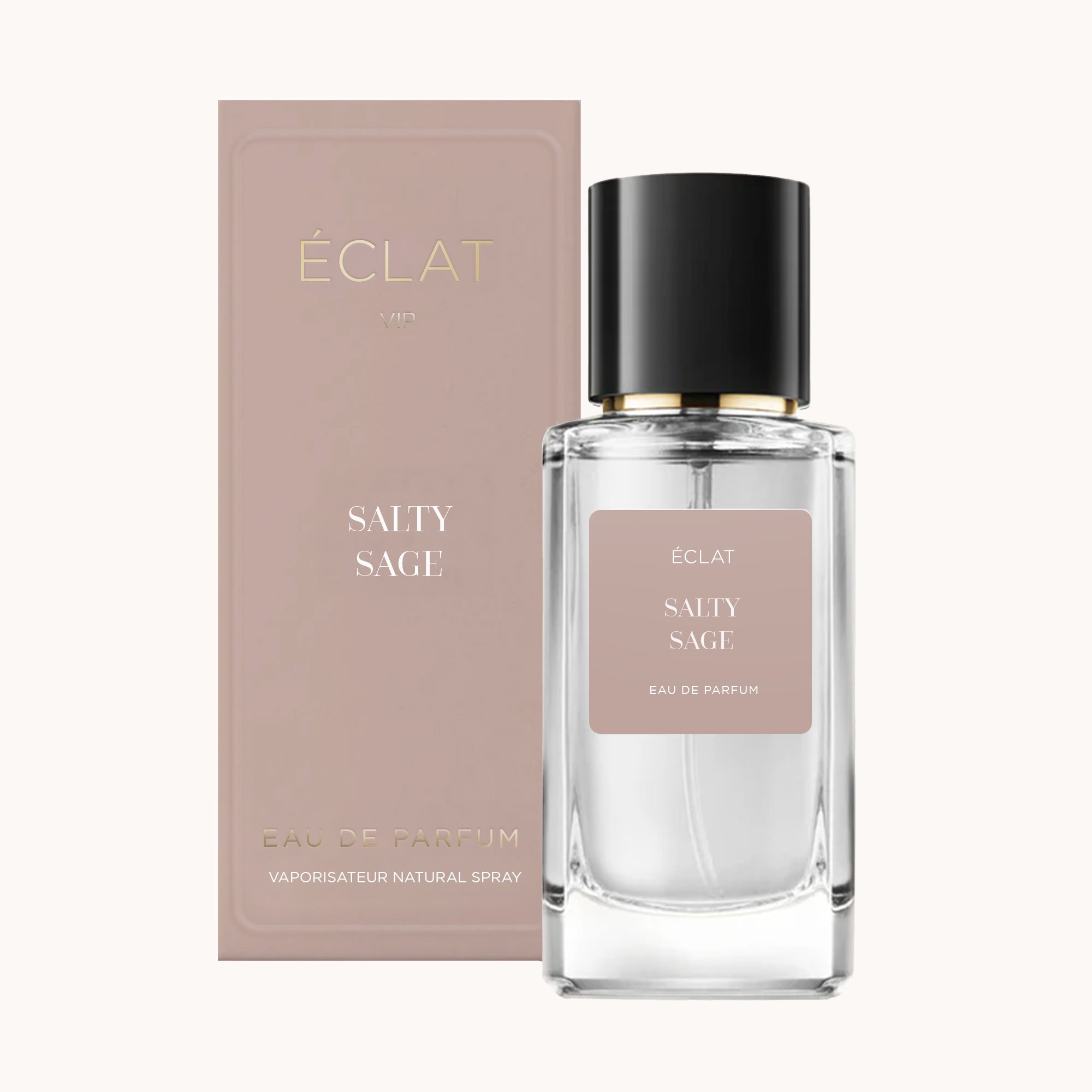 Faceted glass bottle of ÉCLAT Salty Sage with a black cap, alongside a soft beige presentation box.