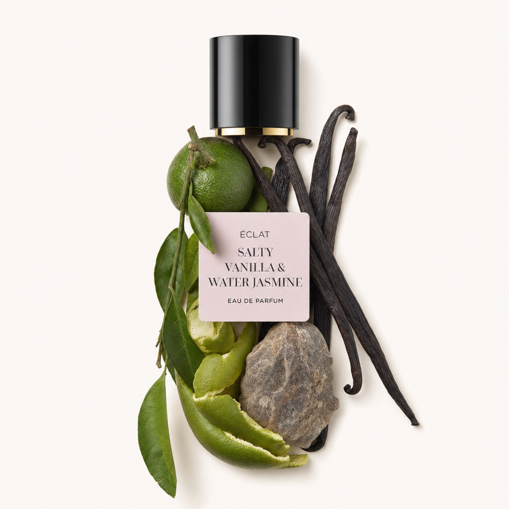 Un arrangement de citron vert, gousses de vanille et feuilles vertes avec une pierre, entourant un bouchon noir avec l'étiquette ÉCLAT Salty Vanilla & Water Jasmine.