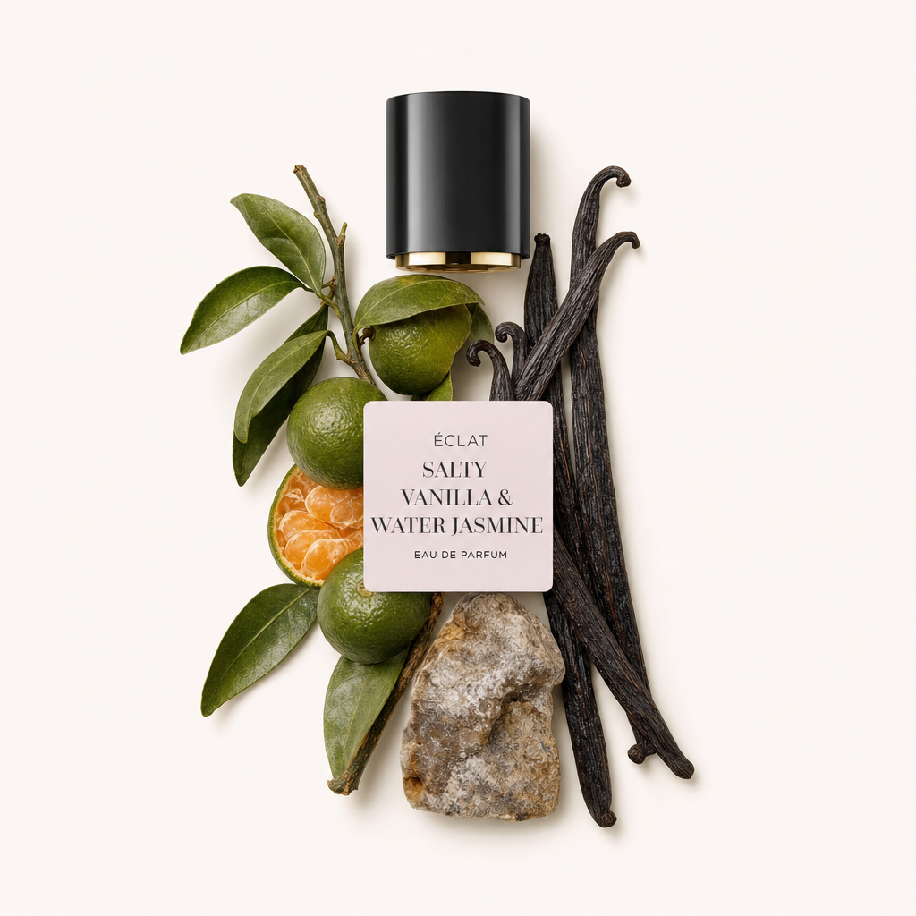 Un arreglo que representa los ingredientes de ÉCLAT Salty Vanilla & Water Jasmine con cítricos, vainas de vainilla y una roca junto a una tapa negra con etiqueta.