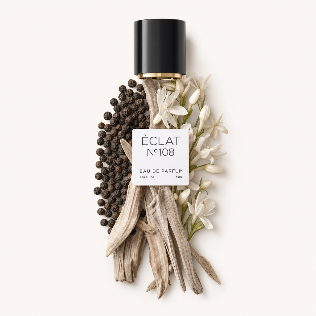 Arrangement de bâtons de bois de santal, grains de poivre noir et fleurs de gardénia avec un bouchon noir étiqueté ÉCLAT Sandalwood & Gardenia.