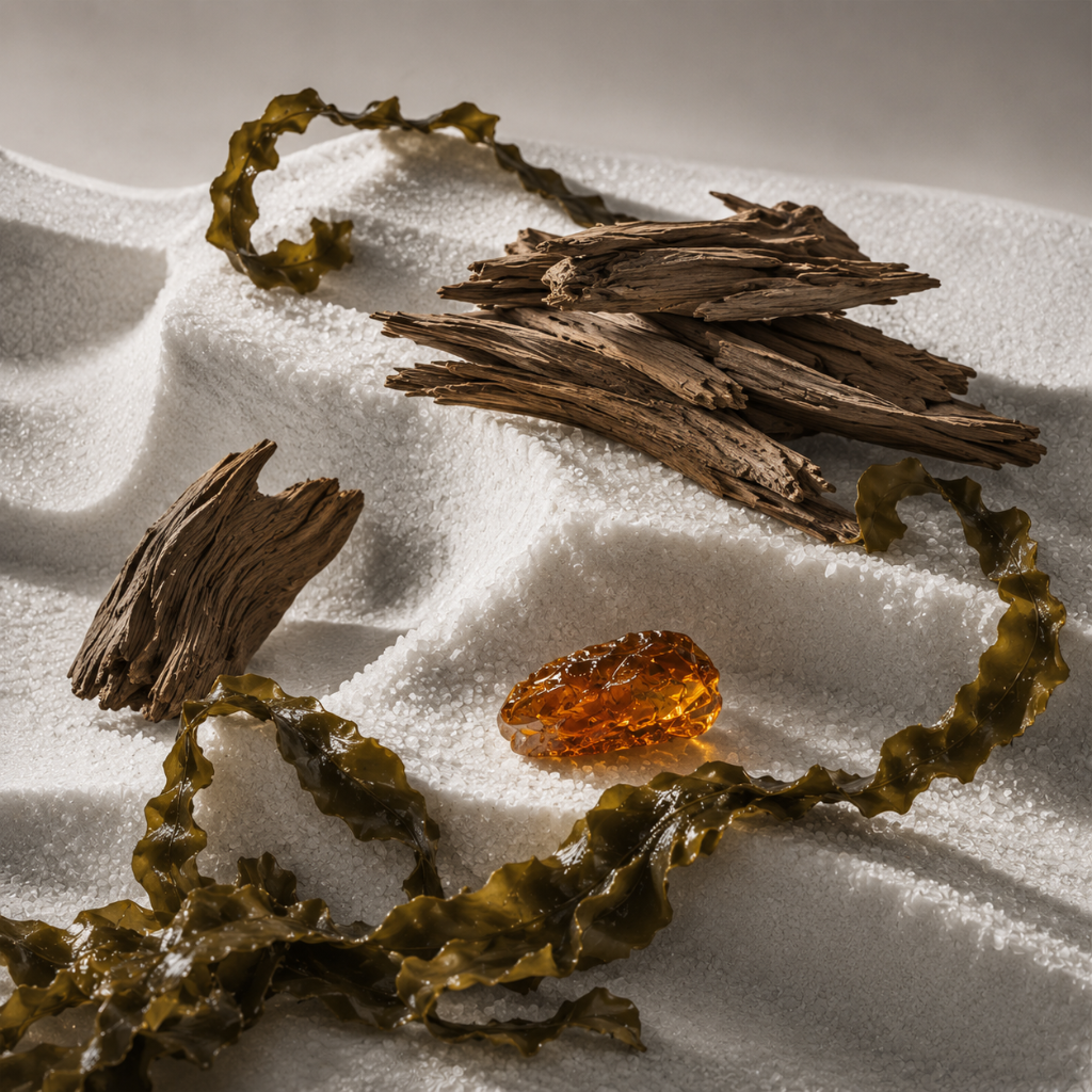Pieces of driftwood and amber on a bed of sea salt, complemented by strands of seaweed, illustrating ÉCLAT Sea Salt & Cedarwood.