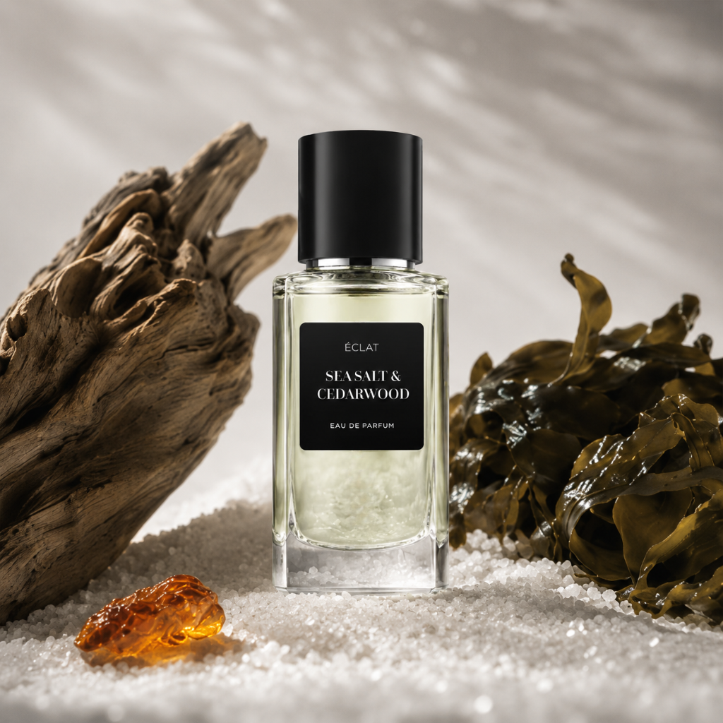 ÉCLAT Sea Salt & Cedarwood in a clear glass bottle with a black cap, surrounded by driftwood, seaweed, and amber on white sand.