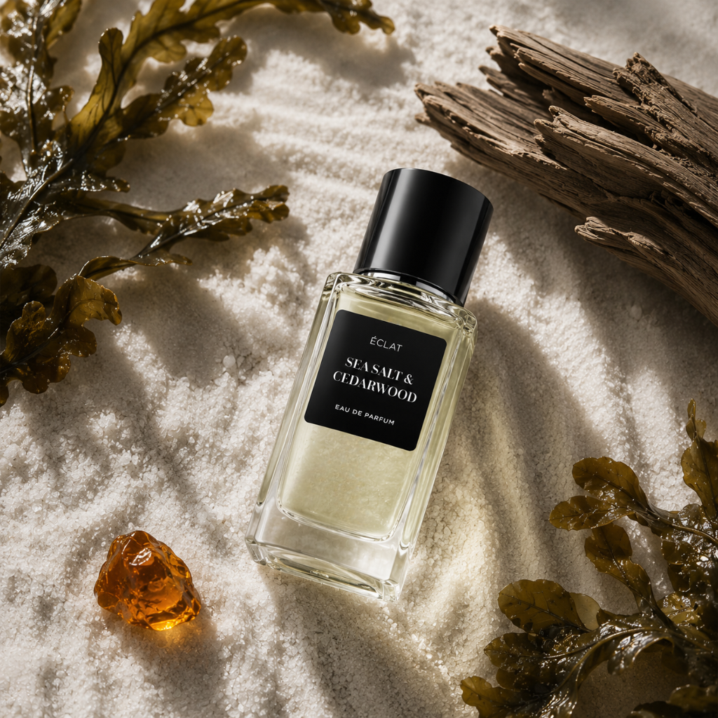 ÉCLAT Sea Salt & Cedarwood perfume bottle with black cap on coarse salt, surrounded by driftwood, amber, and seaweed.