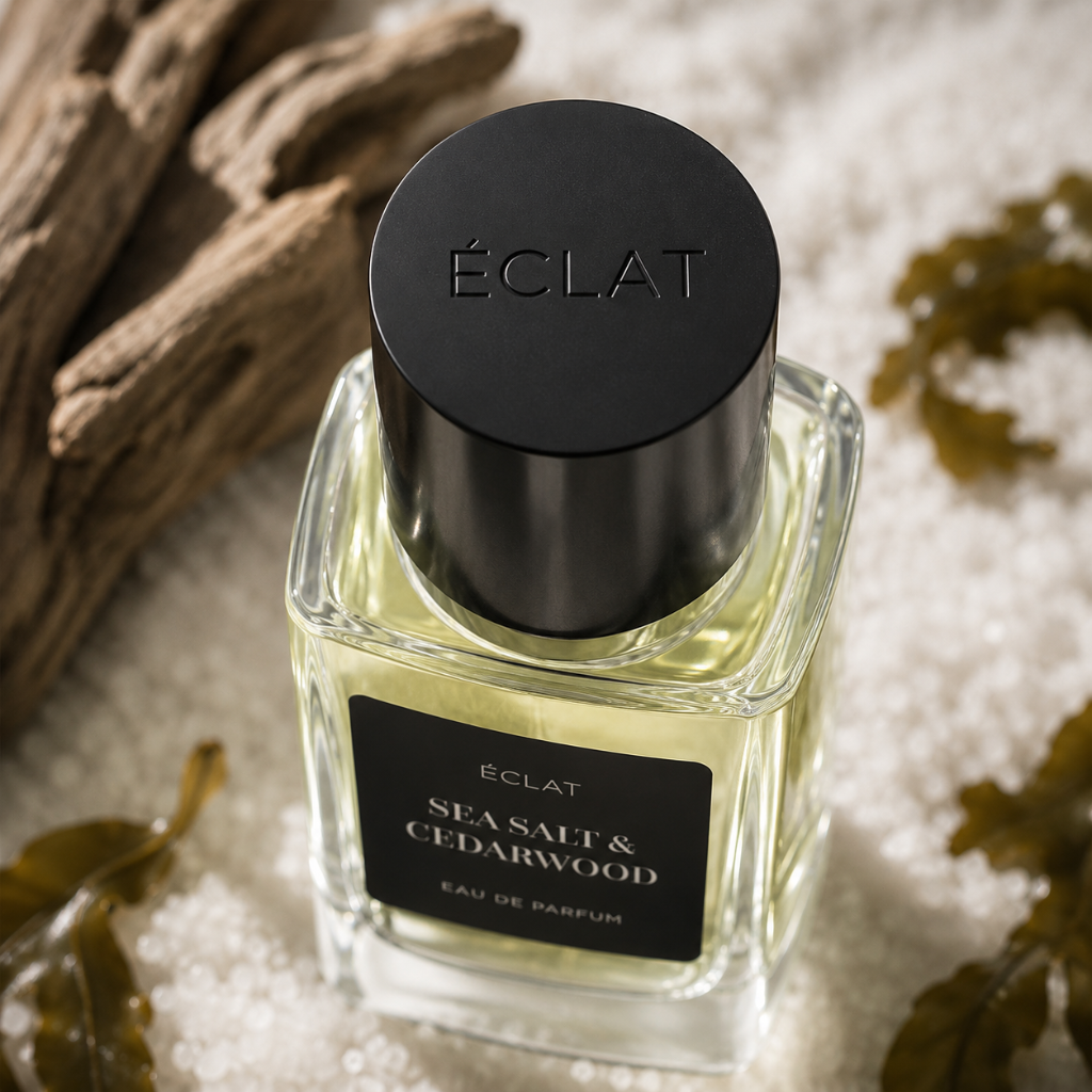 A faceted glass bottle of ÉCLAT Sea Salt & Cedarwood with a black cap, surrounded by driftwood and seaweed.