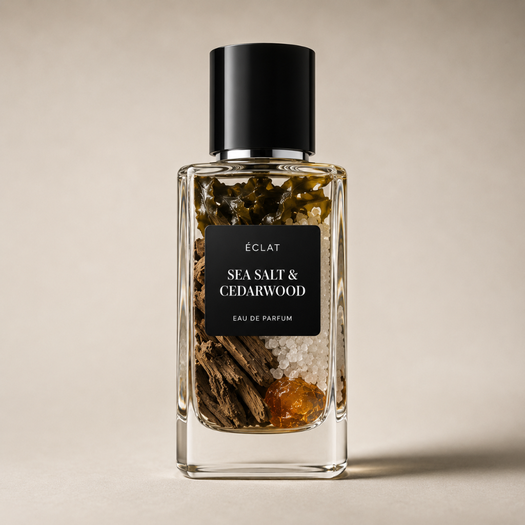 A faceted glass bottle of ÉCLAT Sea Salt & Cedarwood with a black matte label and cap, containing textured elements inside.