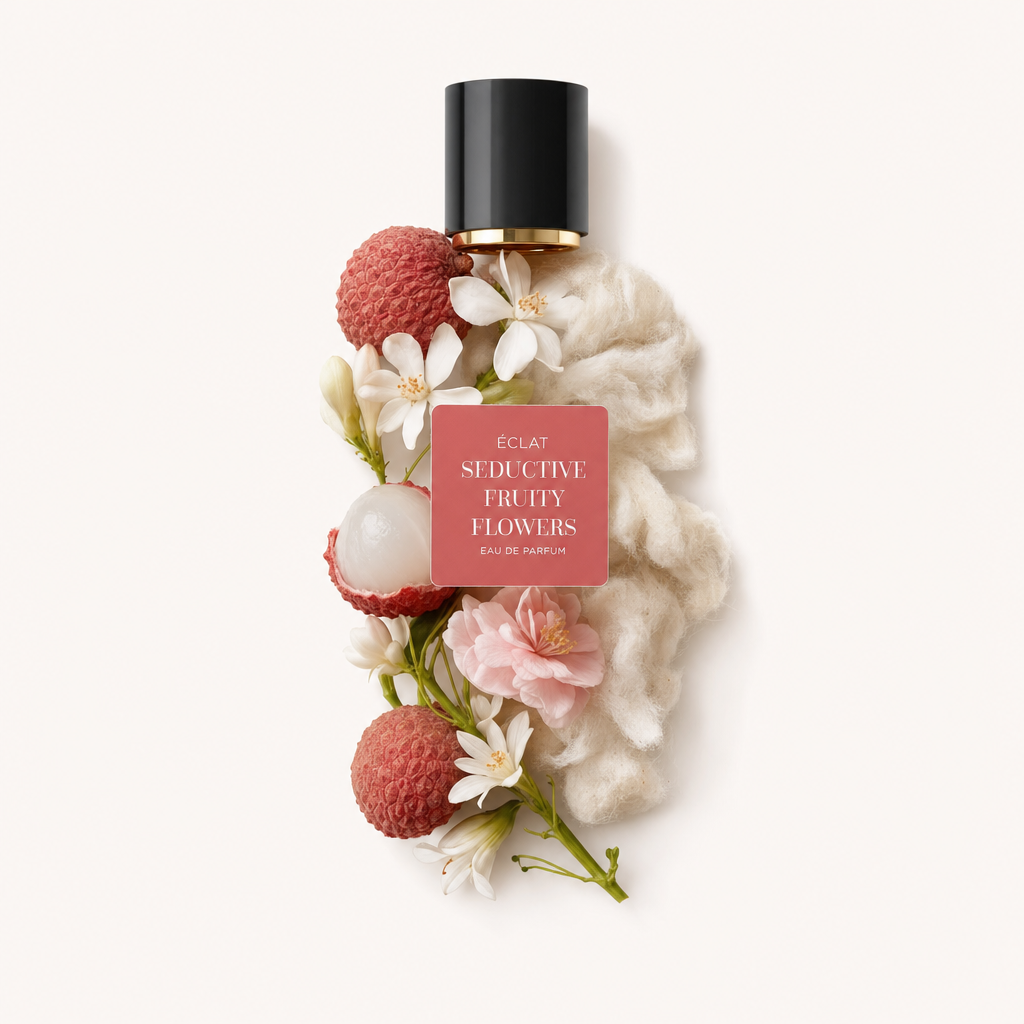 Arrangement de litchi, de fleurs délicates et d'un tissu crème doux entourant un bouchon noir avec étiquette ÉCLAT Seductive Fruity Flowers.