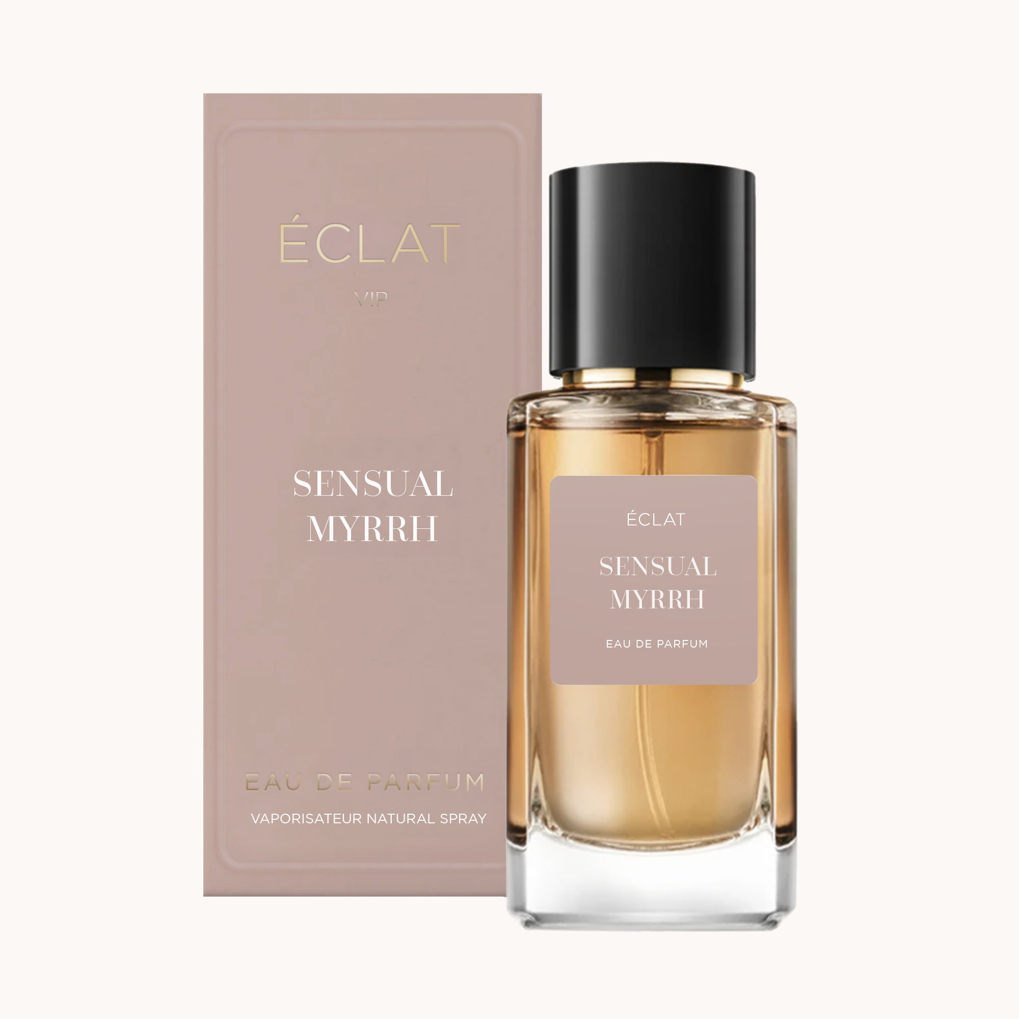 The ÉCLAT Sensual Myrrh perfume bottle with a sleek cap stands next to its elegant, matte taupe box.